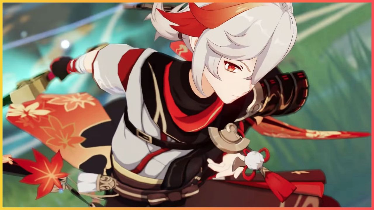 feature image for our kazuha weapon tier list, the image features a screenshot of kazuha from genshin impact has he holds his sword behind him while facing the ground, as autumn leaves fly around him
