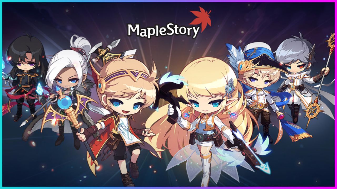 feature image for our maplestory class tier list, the image features official promo art for the game of chibi characters holding their weapons, with some holding lances, swords, pistols, and staffs, the game's logo is at the top accompanied by an autumnal leaf