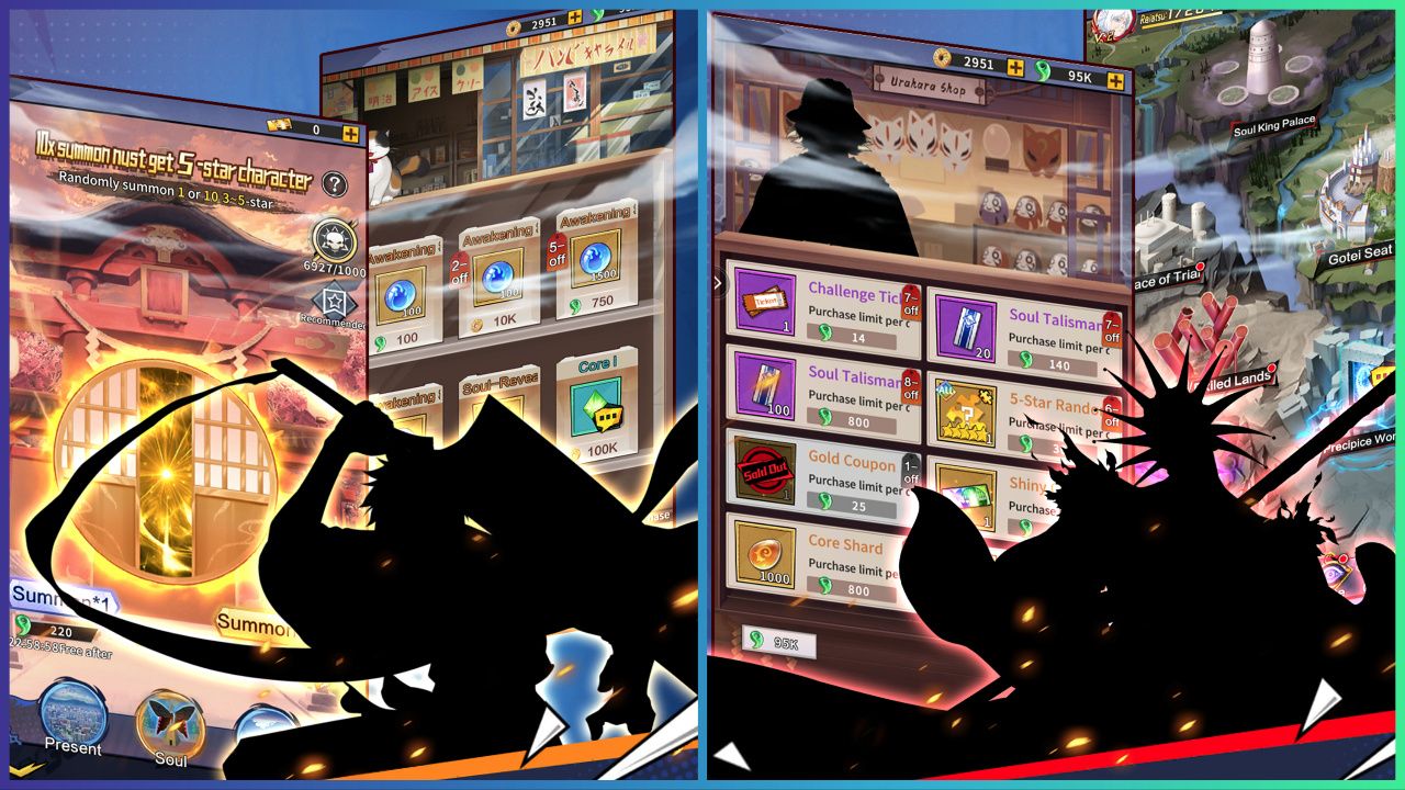 feature image for our reaper soul revival codes, the image features promo screenshots from the game of the urakara shop and the summon page, there are also silhouttes of characters from the game that resemble characters from the bleach series