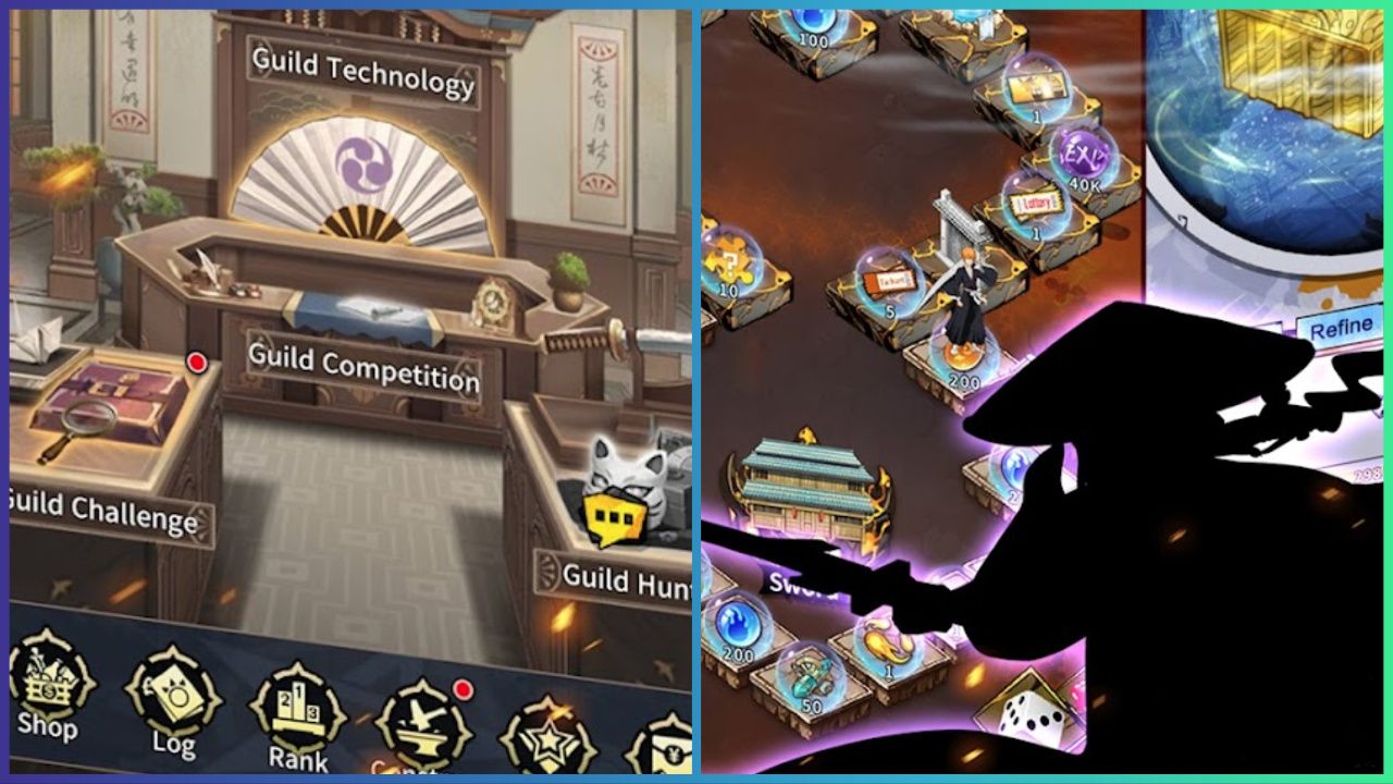 feature image for our reaper soul revival tier list, the image features screenshots from the game, with one screenshot of the guild menu and a screenshot of some gameplay showcasing a board game like reward system, there is a silhouette of a character from the game holding a sword