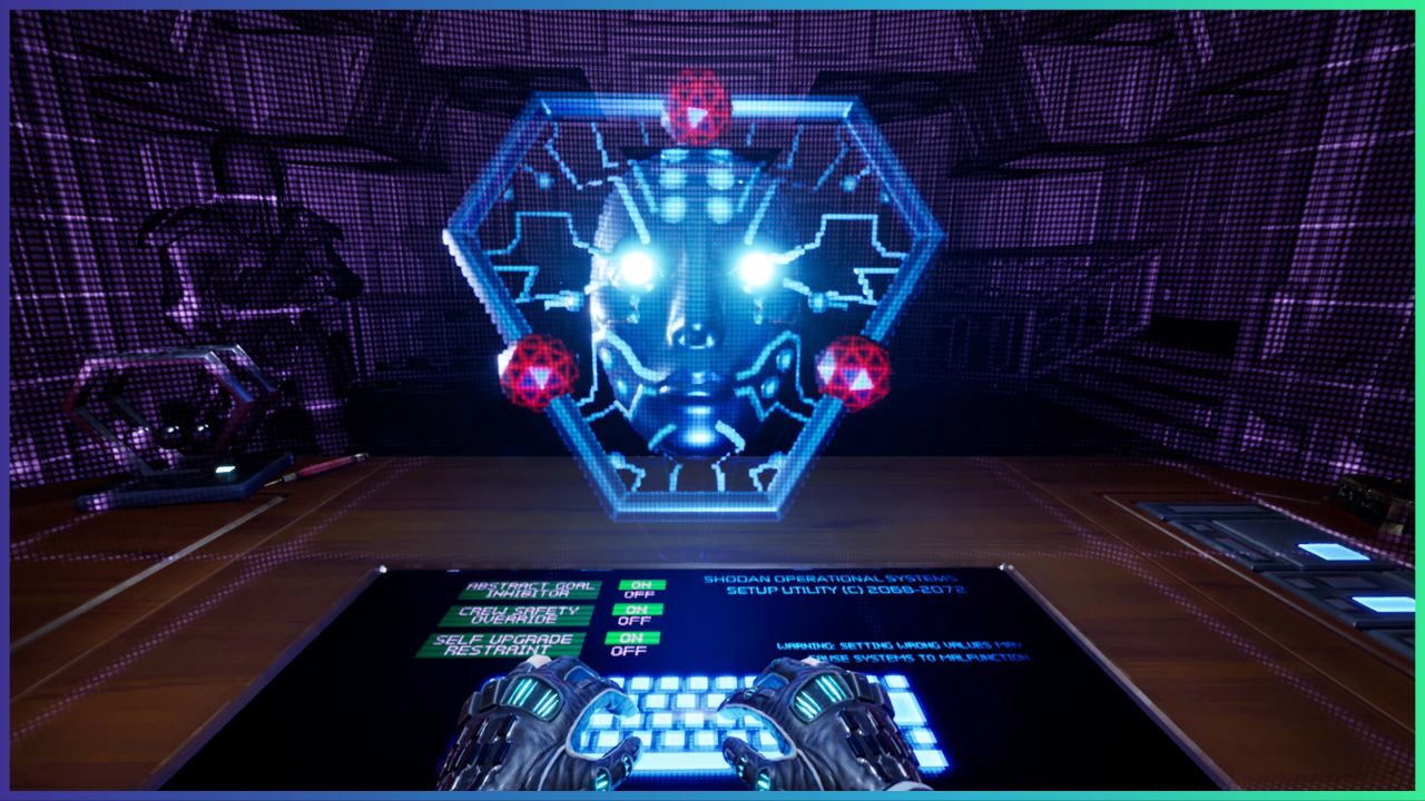 feature image for our system shock remake codes, the image features a promo screenshot from the game of the main character interacting with a digital terminal as shodan appears in front of them on the space station