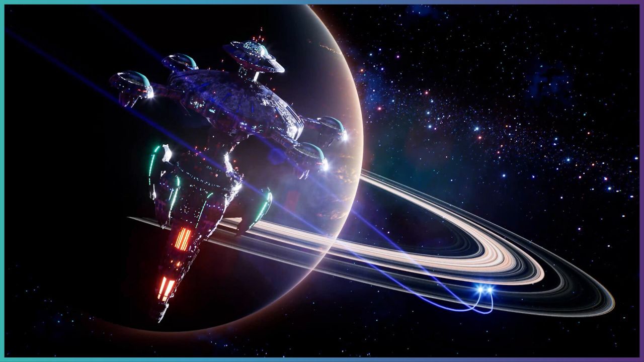 feature image for our system shock remake puzzles, the image features a promo image for the game, of the citadel space station floating in space with a large planet behind it, the planet has a ring around it, similar to saturn