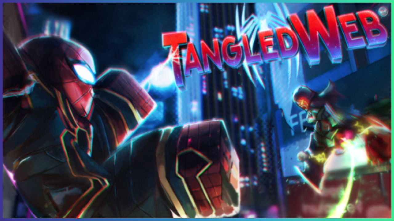 feature image for our tangled web chronicles codes, the image features promo art for the game of a roblox version of Spiderman taking part in aerial combat with skyscraper buildings surrounding them, the game's logo is at the top right and has a spider logo behind the text as spiderman attaches his web to the letter T