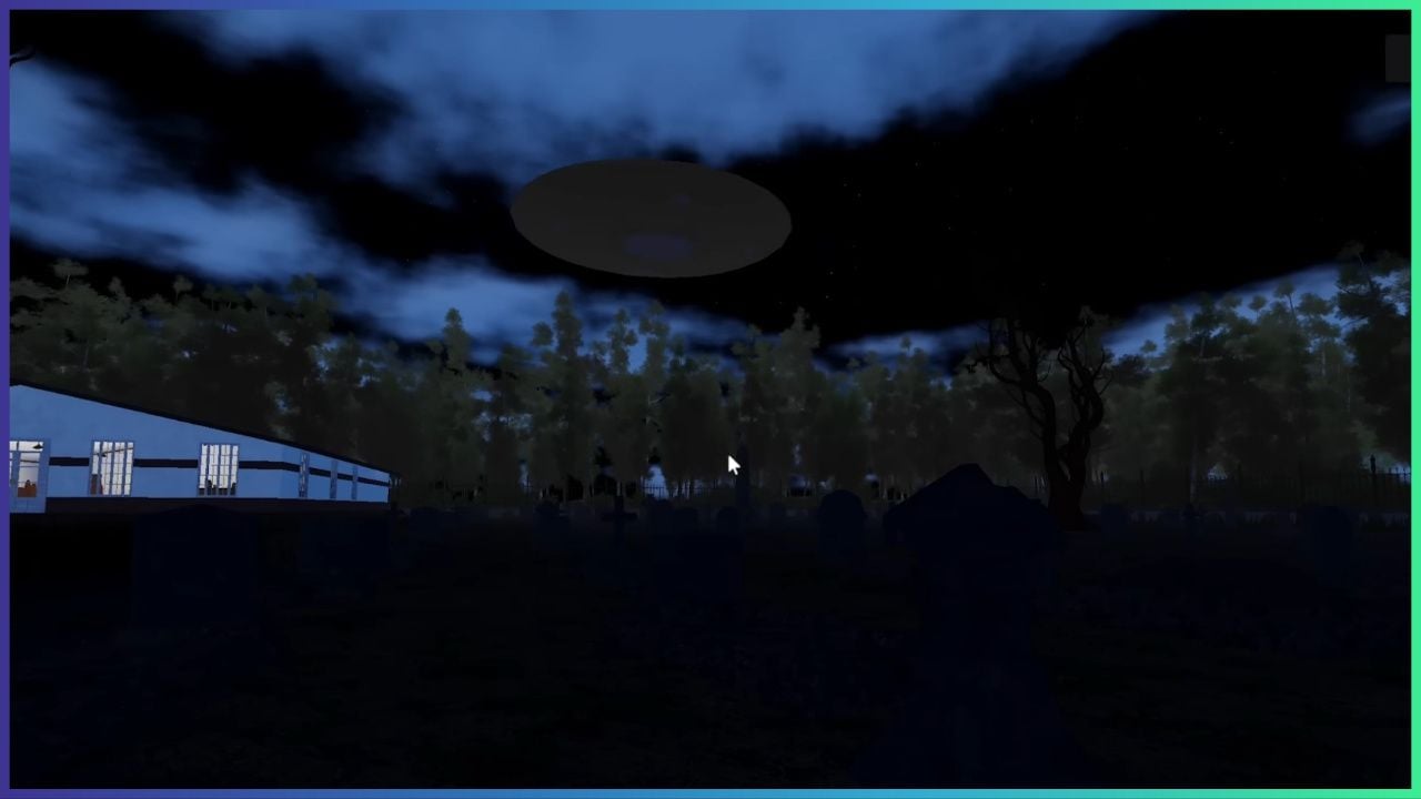 feature image for our the graveyard experience endings guide, the image features a screenshot from the game's promo trailer of a ufo flying over the graveyard above a forest of trees, there is a house with the lights on