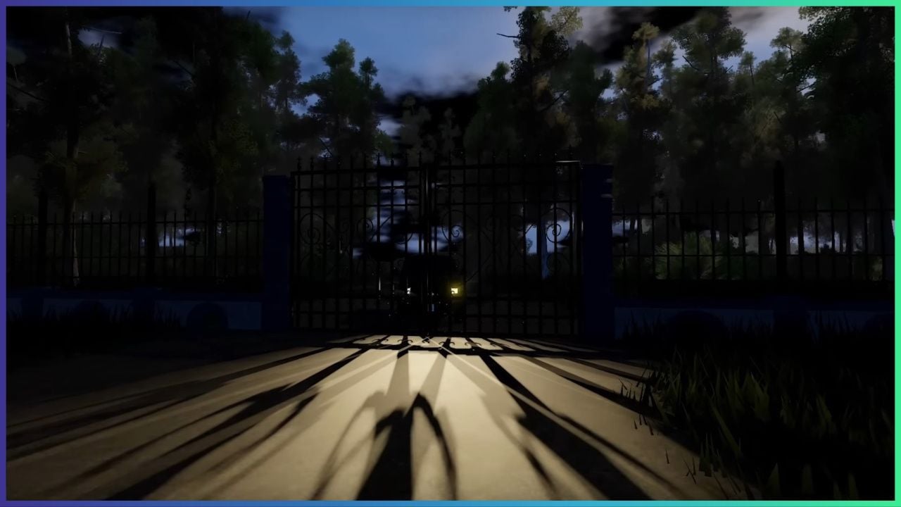 feature image for our the graveyard experience secrets, the image features a screenshot from the game's trailer of fence and gate at the graveyard, there is a car behind the gate with its headlights glowing, the gate is surrounded by grass and tall trees as the fence and gate casts a shadow on the ground