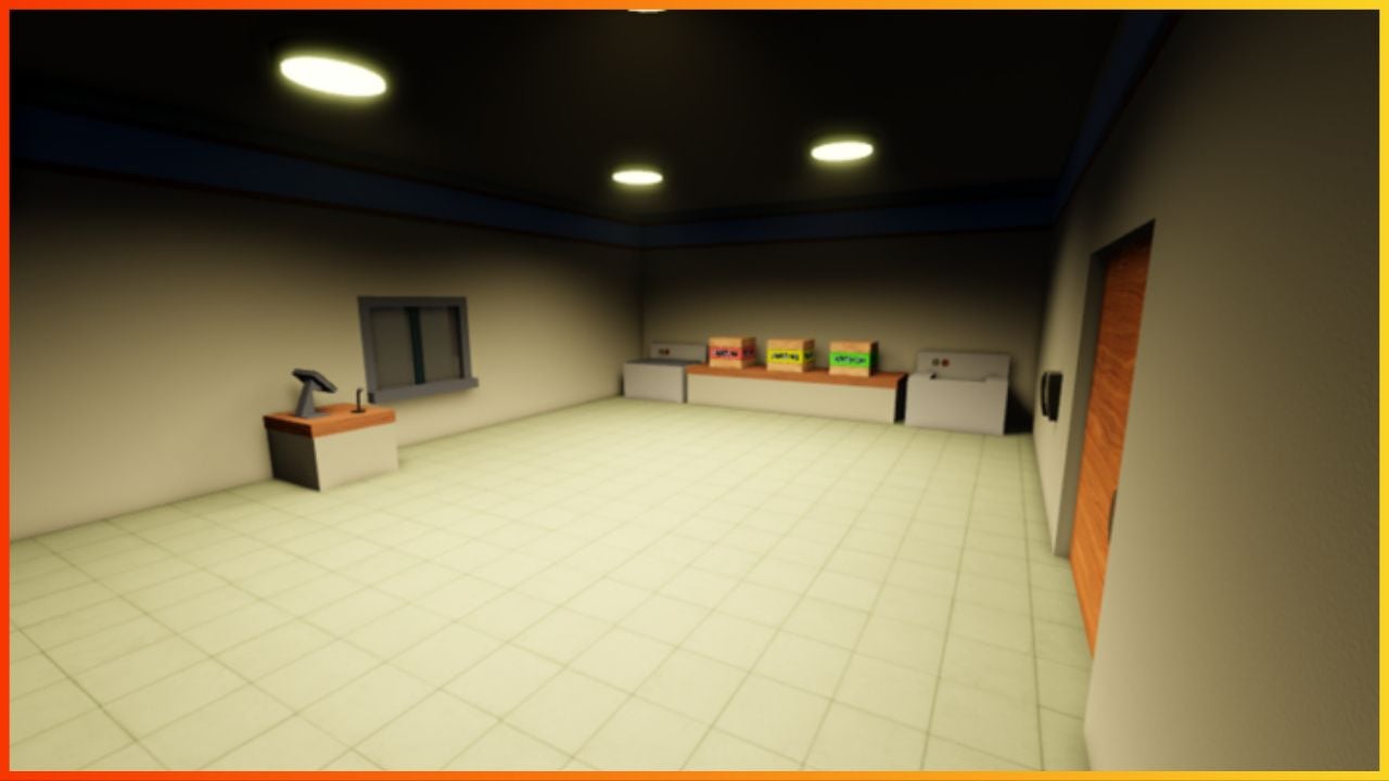 feature image for our the night shift experience codes, the image features a screenshot of the inside of the sad burger kitchen area, with the ordering drive-thru window and a cashier machine, as well as boxes with food inside