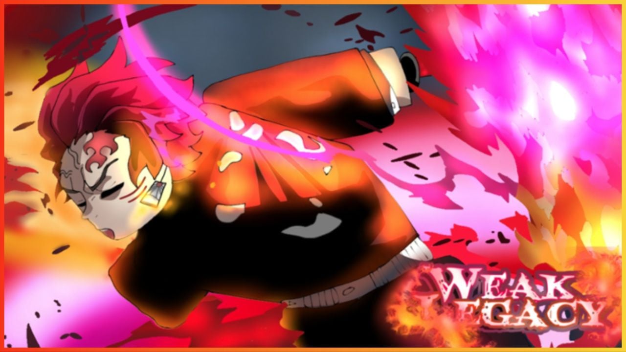 feature image for our weak legacy tier list, the image features promo art for the game of a drawing of a roblox version of tanjiro from demon slayer as he runs and coughs while surrounded by flames
