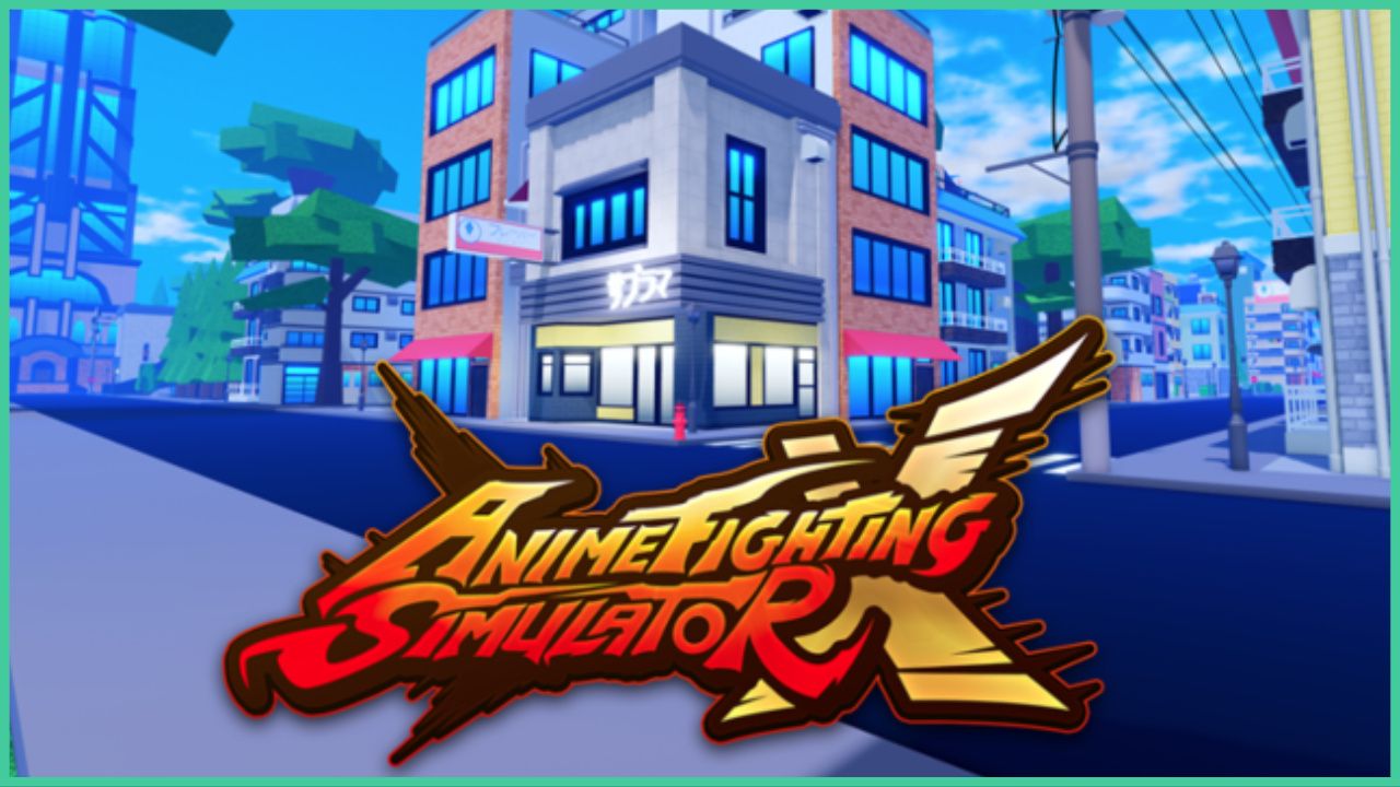 feature image for our anime fighting simulator x tier list, the image features a promo screenshot for the game of a roblox version of a city street, with telephone line poles, trees, buildings that seem to be shops, roads and a pavement, the game's logo is also at the bottom center of the image, with the X stretching behind "anime fighting simulator"