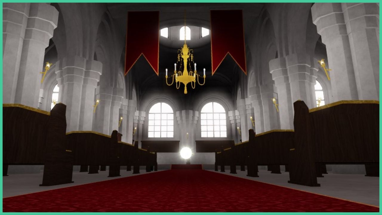 feature image for our arcane lineage assassin guide, the image features a screenshot of the cathedral which can be visited when meditating on a mat, the cathedral features a long red carpet leading to the front with a giant glowing orb, there is also a giant golden chandelier with candles as well as wooden pews