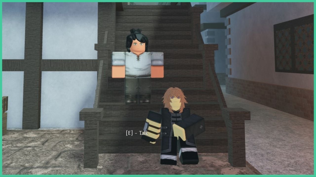 feature image for our arcane lineage covenant guide, the image features a roblox character sitting on some wooden steps surrounded by buildings, they are sat on the bottom step, while a roblox character stands behind them on a step higher up on the set of stairs