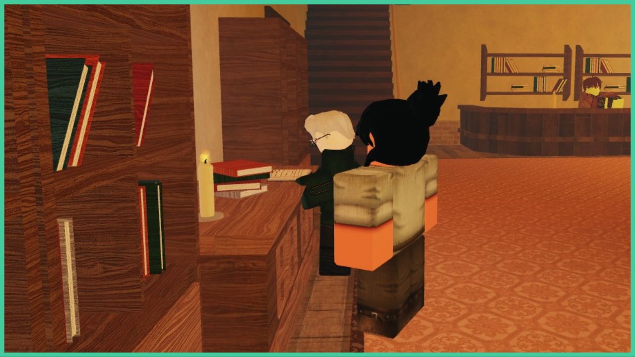 feature image for our arcane lineage difficulty guide, the image features a roblox player standing next to an NPC wearing glasses while reading a book by a bookshelf, there is also a counter in the background with shelves of books behind them
