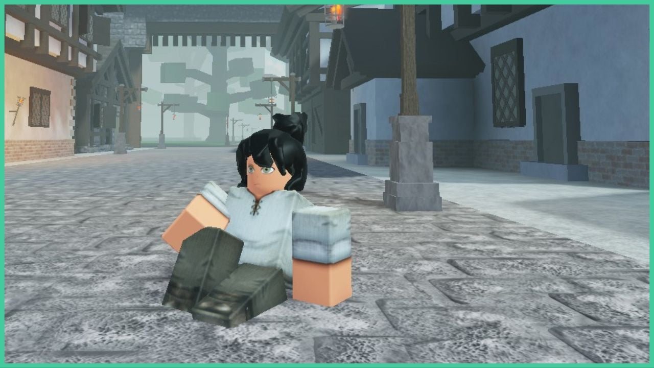 feature image for our arcane lineage emotes guide, the image features a screenshot of a roblox character sitting down on the floor in the main city hub area, they are resting their hand on their knee as they look onwards