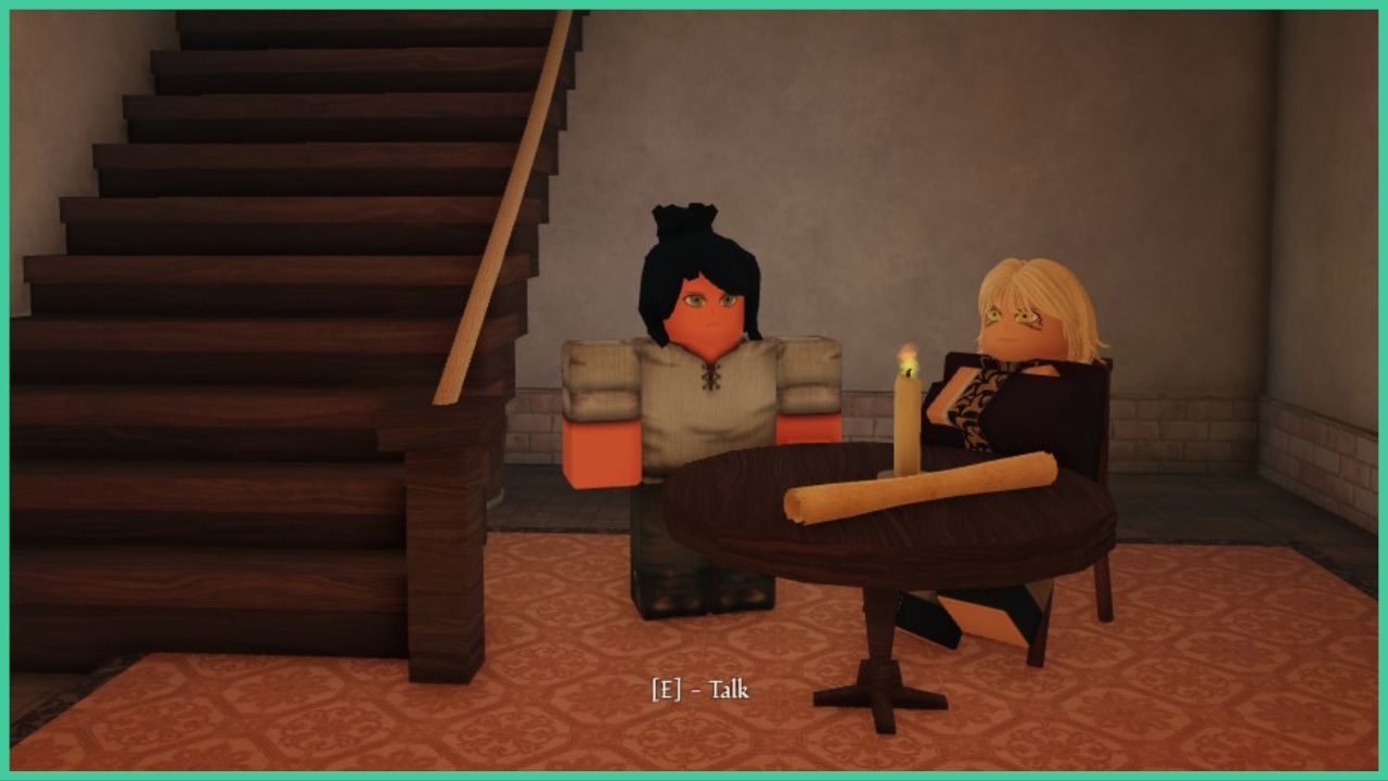 feature image for our arcane lineage equipment, the image features a screenshot from the game of a roblox character standing by a table where a roblox NPC is sitting on a chair, the table has a lit candle on it as well as a scrolled up piece of paper, the roblox NPC is folding their arms, and there is a wooden stair case to the left