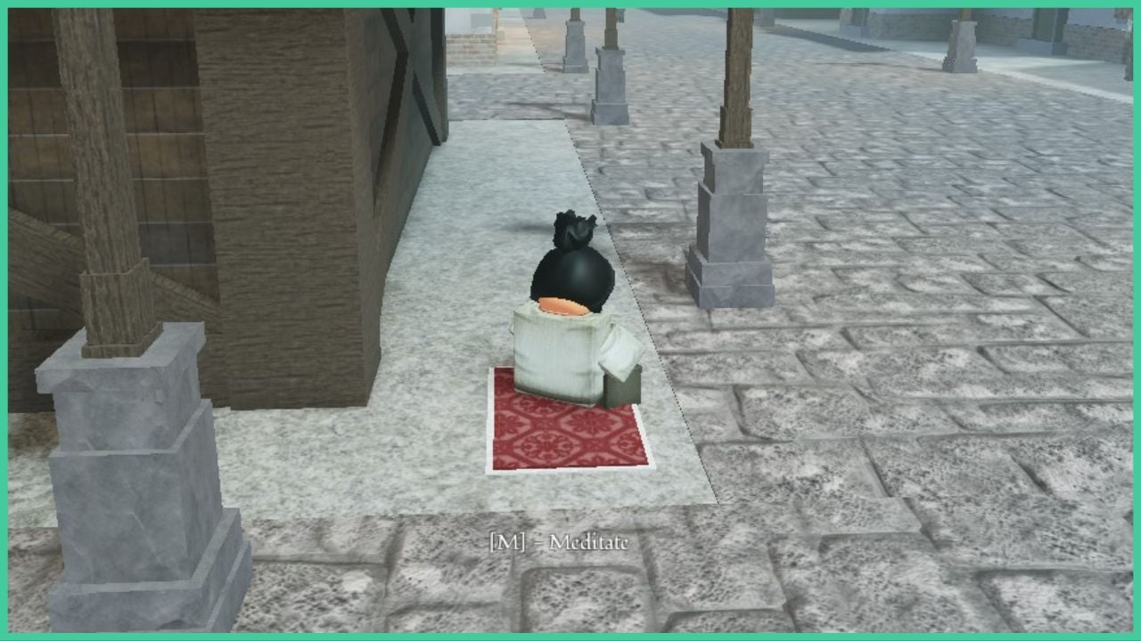 feature image for our arcane lineage map guide, the image features a roblox character sitting down on a mat while meditating in cadera town which is the main city hub for arcane lineage