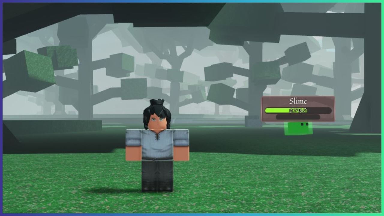 feature image for our arcane lineage potions guide, the image features a screenshot from the game of a roblox character standing on the grass in a forest surrounded by tall trees while a slime hops behind them