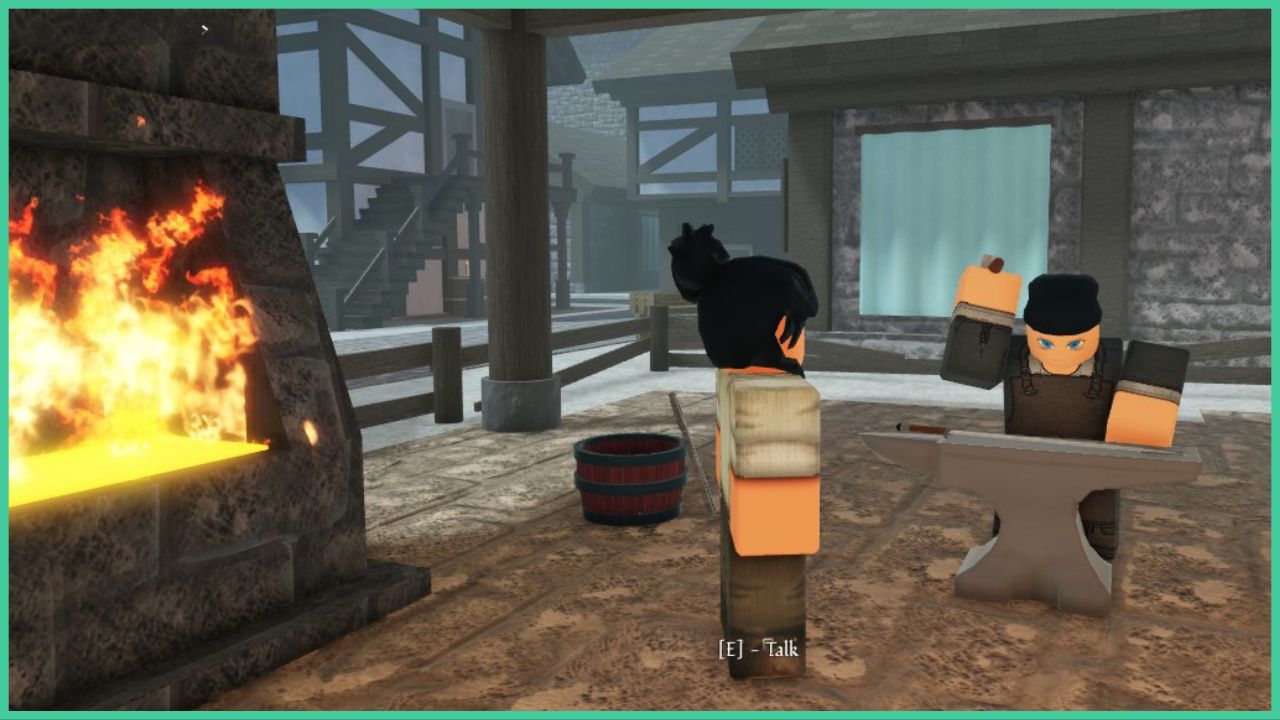 feature image for our arcane lineage race tier list, the screenshot features a roblox character standing next to the blacksmith as they hit a sword on their anvil, there is a fireplace close by with a wooden bucket on the floor