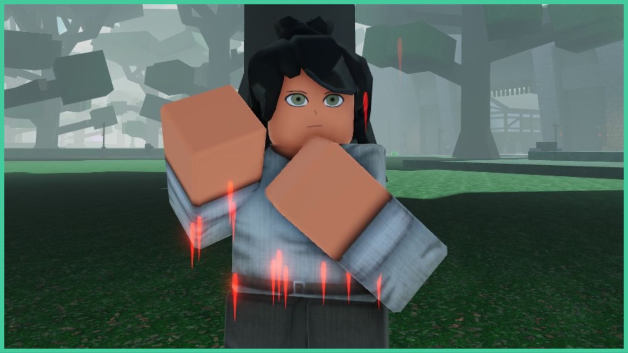 feature image for our arcane lineage saint guide, the image features a screenshot of a close up of a roblox character taking part in battle, they have their fists up to block an oncoming attack while standing in a forest, they also have red glowing shapes on them to symbolise the debuff that has been applied by the enemy