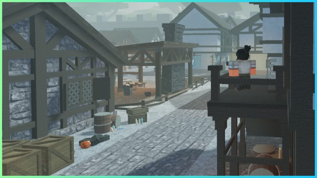 feature image for our arcane lineage subclasses, the image features a screenshot from the game of a character standing on a wooden balcony by some stairs as they overlook a medieval town as someone lays drunkenly on the ground by barrels of alcohol