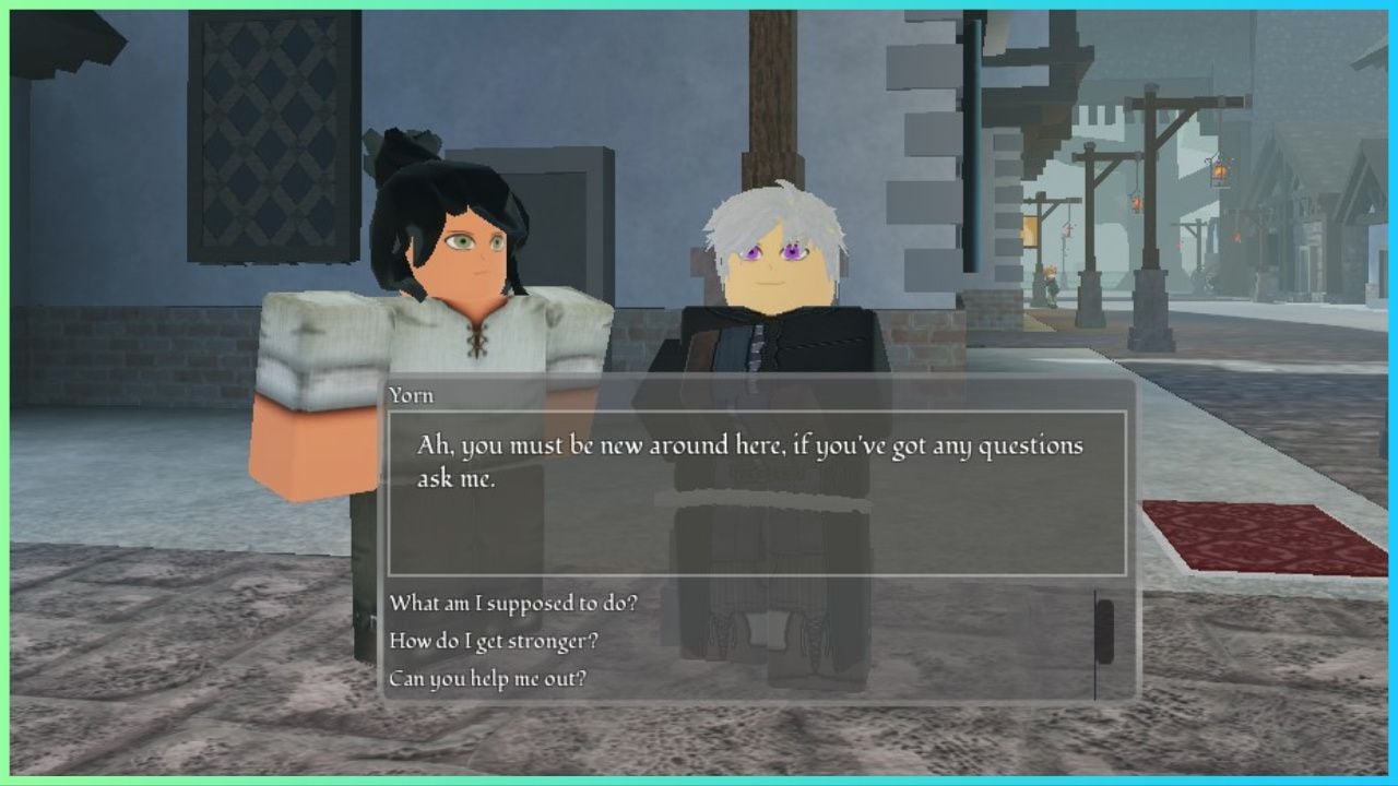 feature image for our arcane lineage trainer guide, the image features a screenshot from the game of a player standing next to an NPC in the main hub area while interacting with them, there is a dialogue box open with the NPC saying "ah you must be new around here, if you've got any questions, ask me"