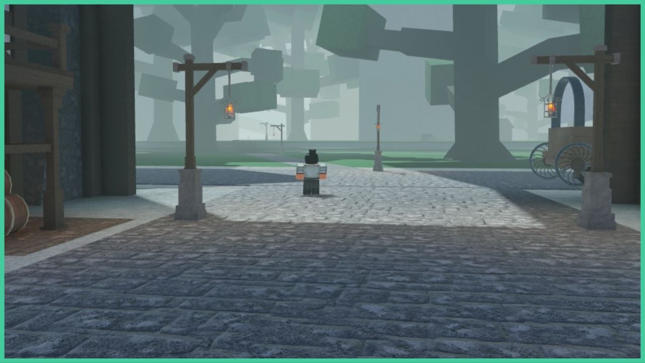 feature image for our arcane lineage wilderness hunting guide, the image features a screenshot of a roblox character standing at the entrance to the forest area from the main city hub, they are standing close by to a lamp post on a stone pavement as they look out to the tall trees, grass, and mist in the distance, there's also a horse-drawn carriage at the side behind the wall