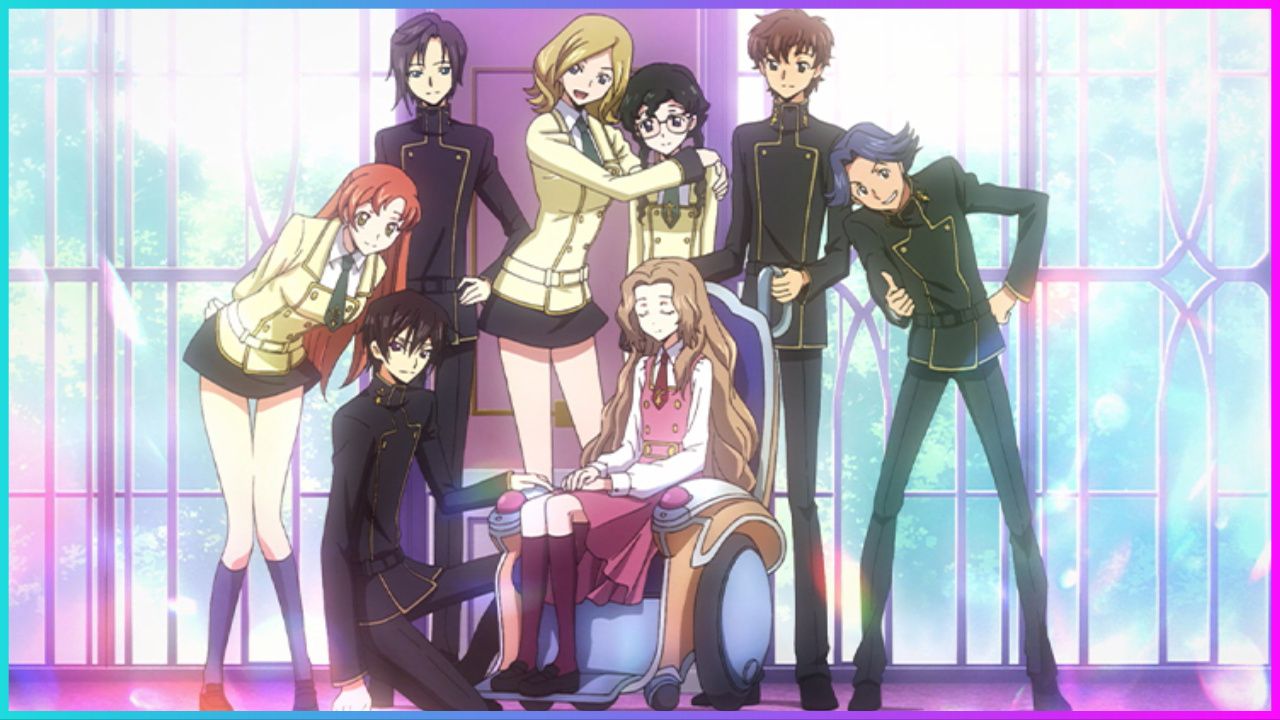 feature image for our code geass lost stories codes, the image features promo art of some of the characters from the game and series as they stand together while wearing their uniform, they are all standing by large windows with a view of some trees outside