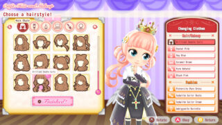 image of a screenshot from the game of the player's character holding her hand up to her face while in the boutique, there is a menu with a wide selection of hairstyles