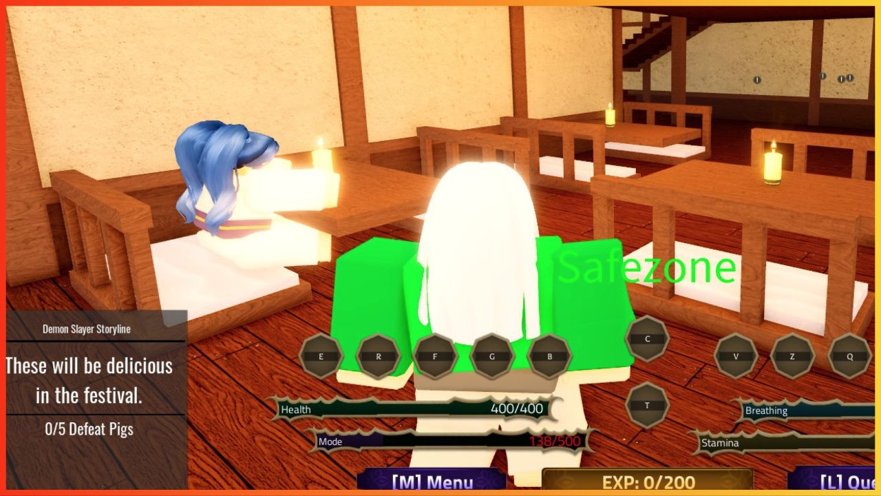 feature image for our demon slayer legacy uchiha guide, the image features a screenshot from the game of the player standing inside of a building that is full of tables and chairs, similar to a restaurant, there is a character sat on one of these chairs with a candle on the table