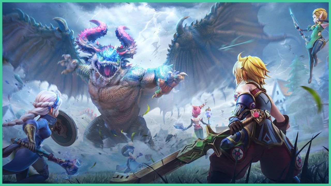feature image for our dragon nest 2 evolution codes, the image features promo art of some of the characters from the game taking part in a battle against a giant beast with sharp teeth as it pulls their arm back to strike, the characters are holding their weapons such as swords and staffs, with one elven character floating in the air as they shoot an arrow from their bow