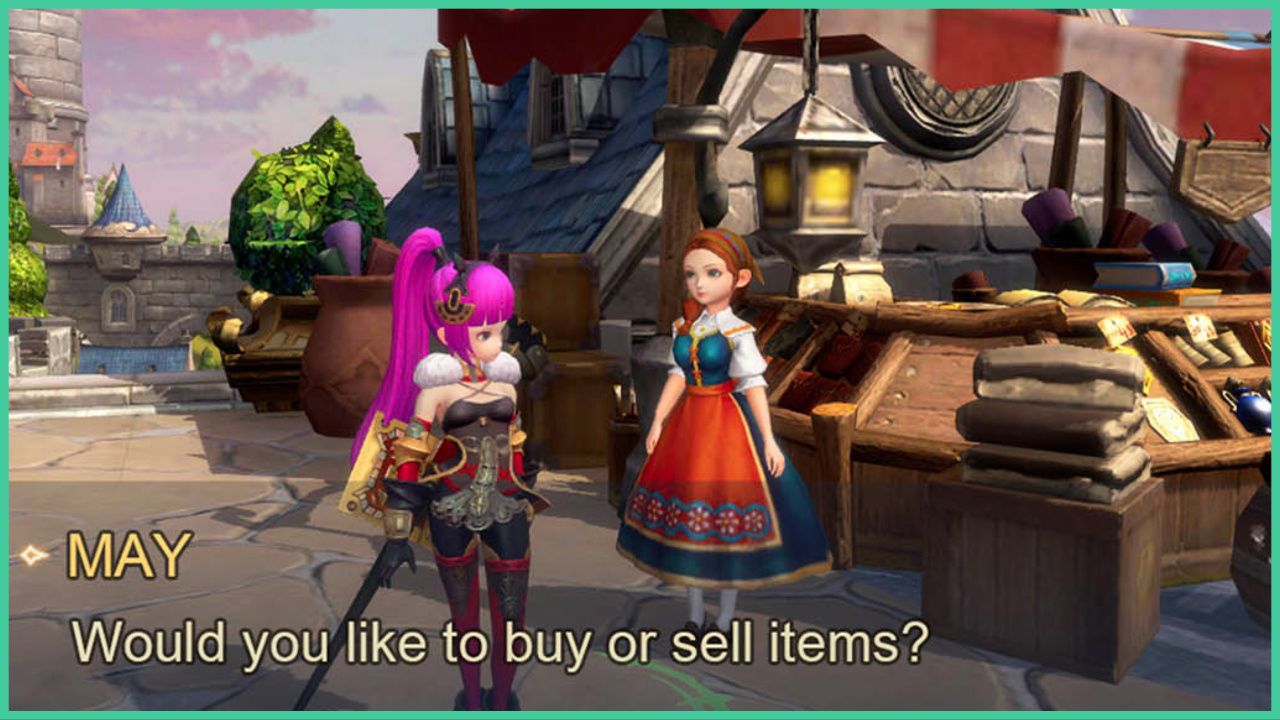 Feature image for our dragon nest 2 evolution pets guide, the image features a screenshot from the game of a character interacting with the NPC, May, as she says "Would you like to buy or sell items?' They are standing by May's stall which is full of random items with the medieval-style town in the background