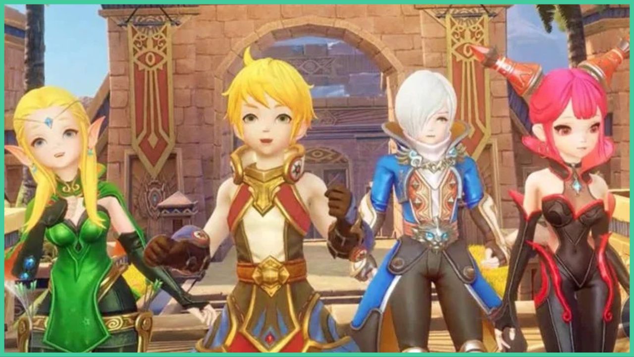 feature image for our dragon nest 2 scholar's hall guide, the image features a screenshot from the game of four characters walking forwards as they smile, they are in front of what looks like a temple with torches outside