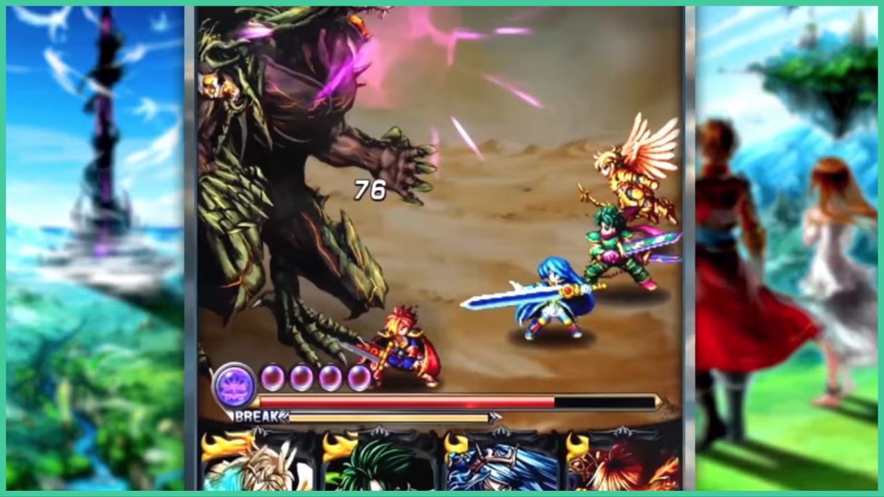 feature image for our grand summoners tier list, the image features a screenshot of combat gameplay from the game with pixelated characters taking part in a battle against a giant monster with sharp claws, behind the screenshot of the game is a drawing of two characters standing on a hill whilst overlooking the view of a tall tower above a body of water, trees and plants, there is also a random island floating in the air at the side