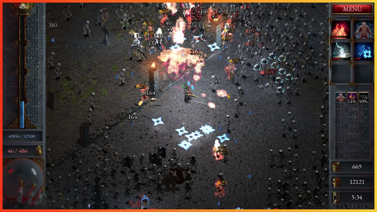 feature image for our halls of torment ability upgrades guide, the image features a screenshot from combat of hordes of skeletons walking towards the player as spears fly across the screen and AOE attacks appear on the floor