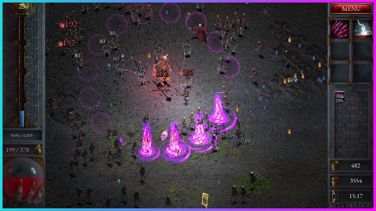 feature image for our halls of torment blood trail guide, the image features a screenshot of gameplay of the player being swarmed by enemies at all directions, there are purple circles on the ground with some erupting into purple flames