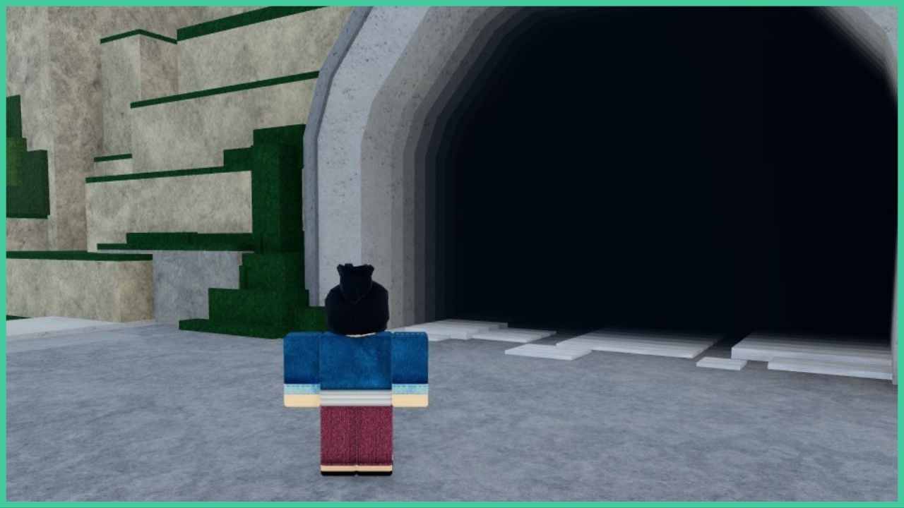 feature image for our how to join a division in type soul guide, the image features a screenshot from the game of a roblox character standing in front of a large cave entrace that is enshrouded in darkness, there are mossy rocks covered in green next to the entrance