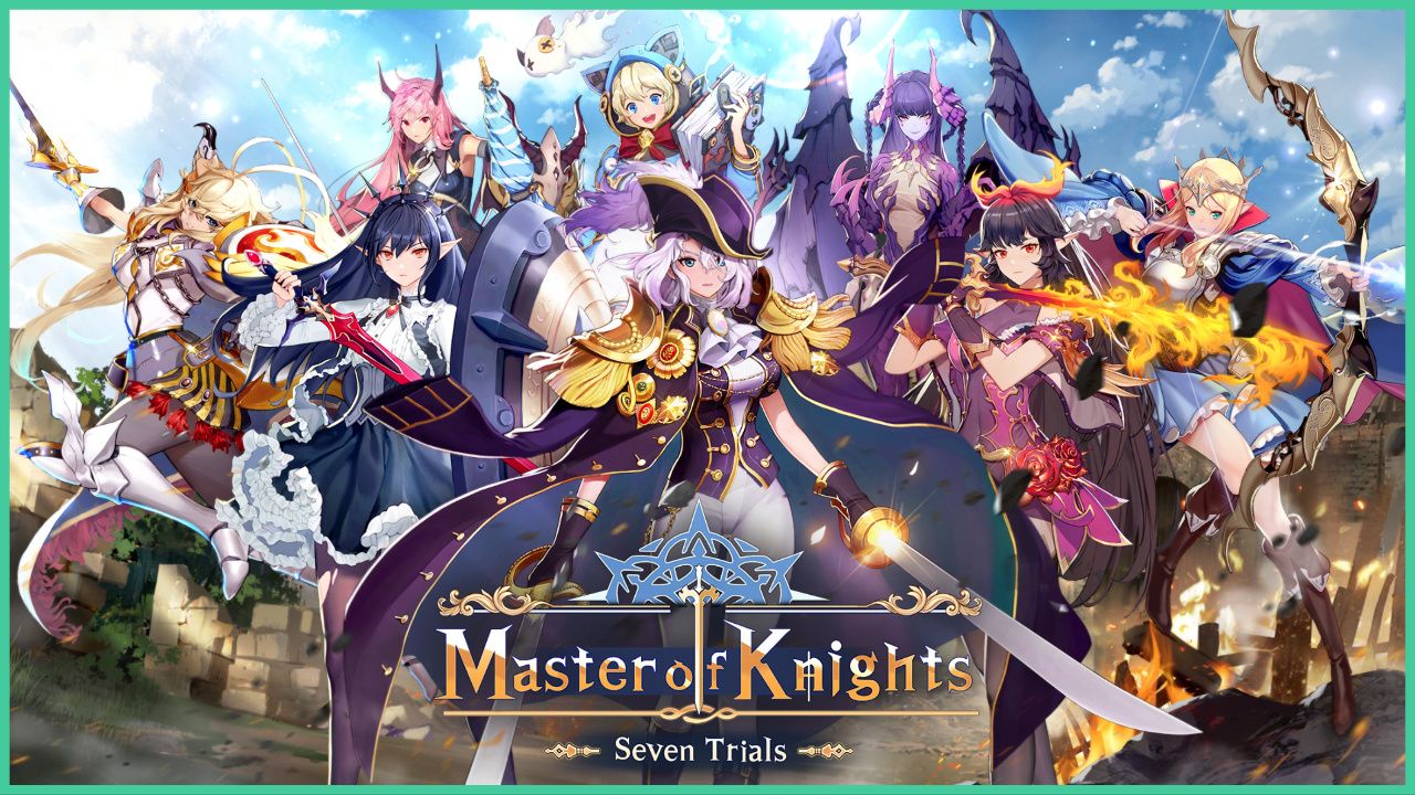 feature image for our master of knights tier list, the image features promo art of a variety of characters from the game. Most of them are holding out their weapons with a stern expression on their face, there is a blue sky and clouds behind them as well as small areas of the drawing featuring a stone wall with leaves, as well as a contrasting drawing of a wooden fence covered in flames