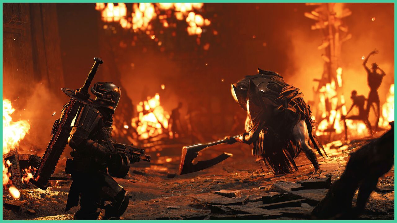 feature image for our remnant 2 archetypes tier list, the image features a screenshot from the game of a character pointing a gun toward a creature who is hunched over while carrying a blade, they are surrounded by debris and a blazing fire as other creatures stand in the background