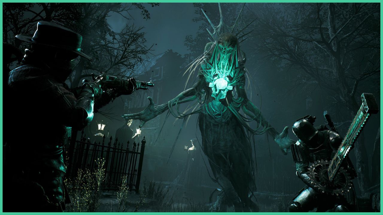 feature image for our remnant 2 weapon tier list, the image features a screenshot from the game of two characters aiming their weapons at a tall looming creature that has a glowing orb on their chest, their face looks like a melting skull, the creature has their arms open as if to strike as the shadows of trees, a fence, and a tall building in the background stand in the distance
