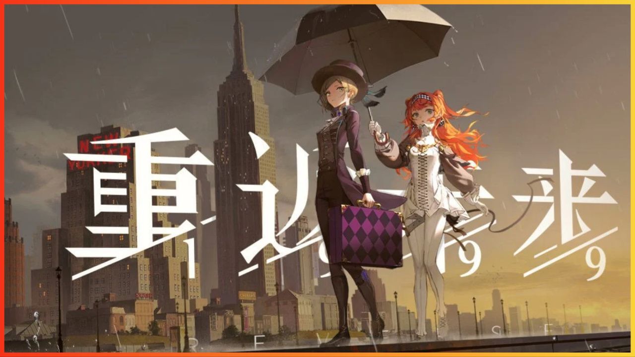 feature image for our reverse 1999 tier list, the image features promo art for the game of a character holding an umbrella over the head of a taller character who is holding a briefcase, there is a cityscape behind them