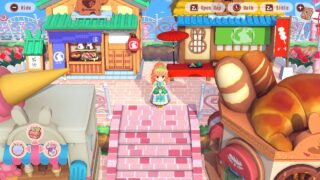 image of a princess standing at the top of stone steps as she is surrounded by shops and eateries
