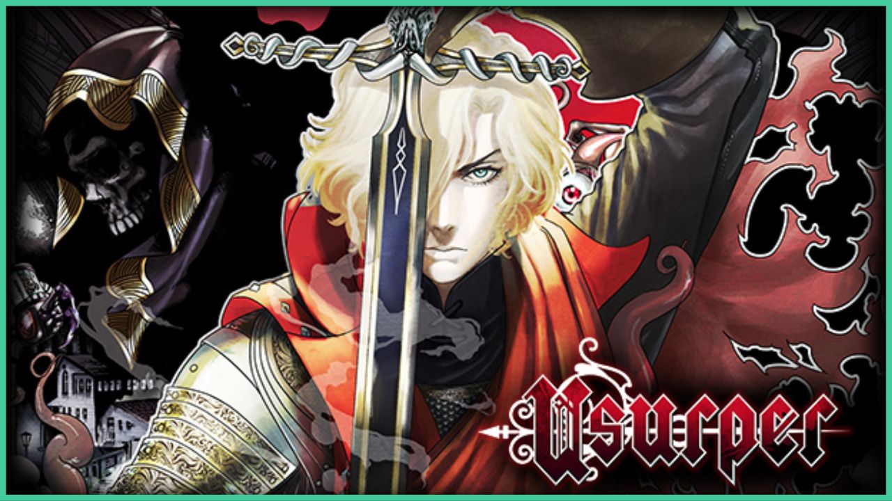 feature image for our skautfold: usurper review, the image features the official promo art for the game of the main character, saragat, facing the viewer while covering half of his face and his eye with the blade of a sword, he has a stern expression on his face, while the background is filled with imagery regarding the game, with a skeleton head covered in a cloak, and a mysterious building at the bottom