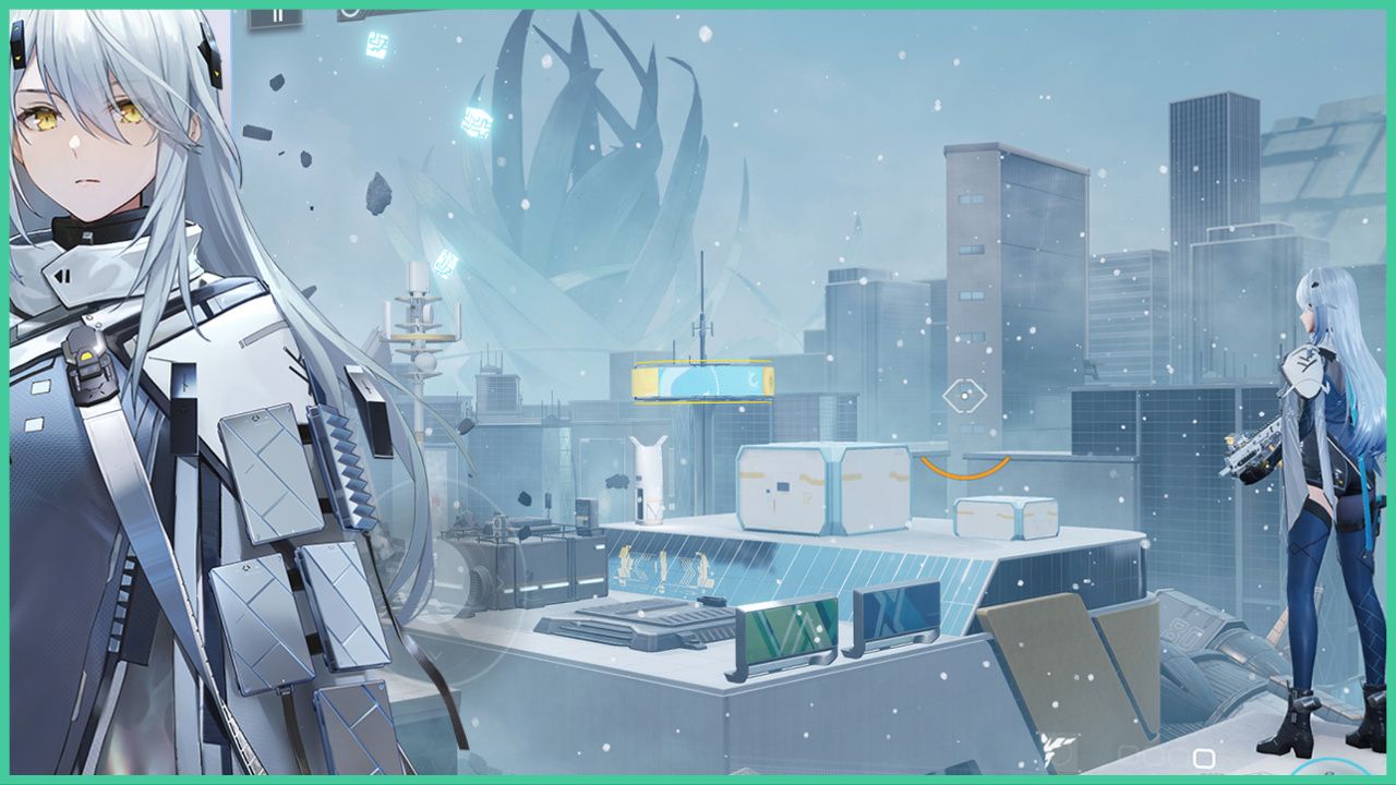 feature image for our snowbreak containment zone weapon tier list, the image features a screenshot from the game of a character overlooking a sci-fi environment while holding a gun, there is also promo art of the character at the side