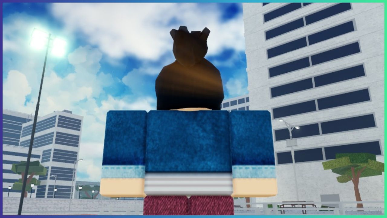 feature image for our type soul raid times guide, the image features a screenshot of a player standing in karakura town as they look towards the sky with clouds, they are also surrounded by tall buildings