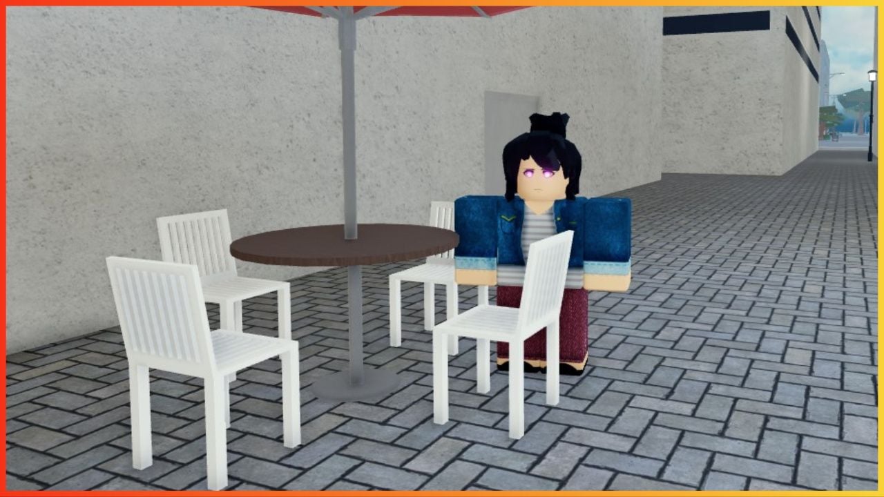 feature image for our type soul soul ticket guide, the image features a screenshot from the game of a character standing by a table and chairs with a parasol