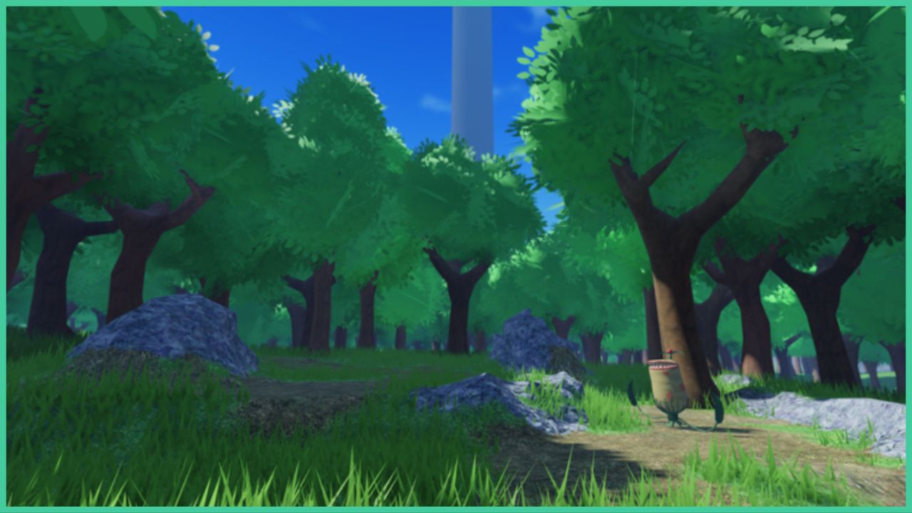 feature image for our world of aincrad drops guide, the image features a screenshot from the game of a forest area within aincrad with tons of grass and trees, there are large rocks on the ground, with a tall tower reaching into the sky int he background, there is a nepenthes enemy standing by a tree, which looks like a tall plant with leaves for arms and sharp teeth