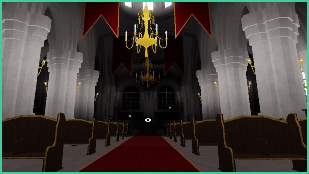 feature image for our arcane lineage blade dancer guide, the image features a screenshot from the inside of a dark church, there are wooden pews and a red carpet that stretches out towards the dark section at the back of the church which is filled with floating eyes, there are large golden chandeliers with lit candles on the ceiling and arched windows throughout the building