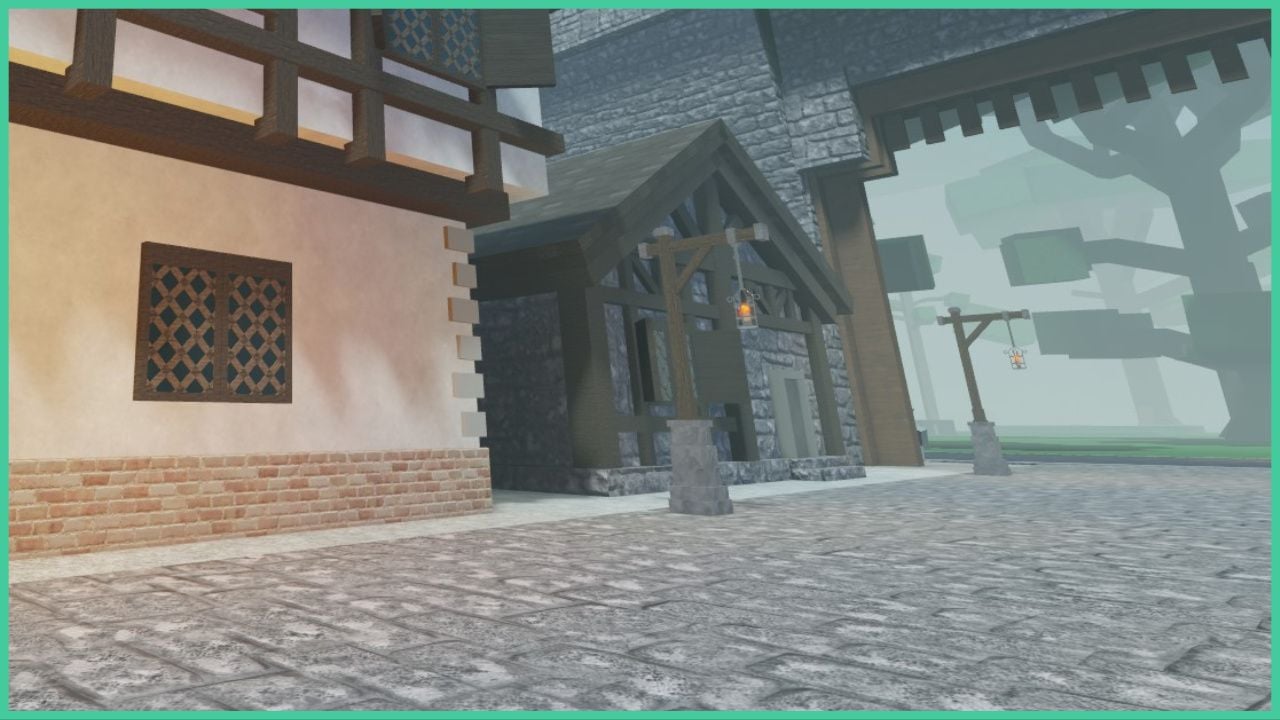 feature image for our arcane lineage corealloy manablade guide, the image features a screenshot from the main town hub of a building on a cobblestone path next to a lantern, there is a large gate entrance leading to the forest that is filled with mist and trees and grass