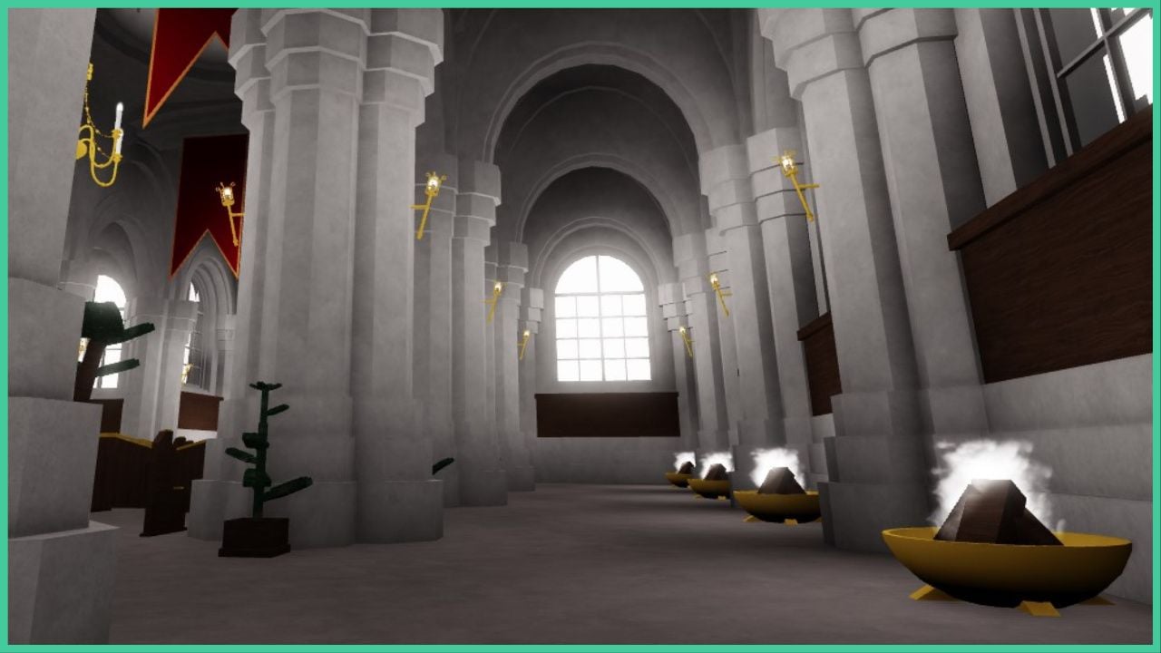 feature image for our arcane lineage hexer guide, the image features a screenshot of what looks to be a church hall with arched windows, there are large pillar reaching up to the ceiling with golden torches attached, to the left there is a large golden chandelier with cnadles and to the right there are bowls with wood or stones inside that seem to be emitting smoke