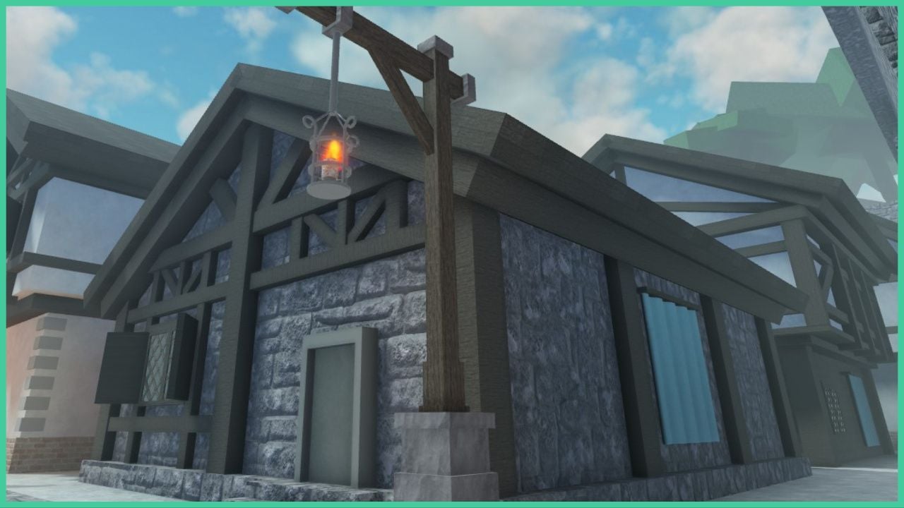 feature image for our arcane lineage ultra classes guide, the image featuers a screenshot of the main town hub of a building with a lantern street lamp on the pavement, there is a tall tree behind the building