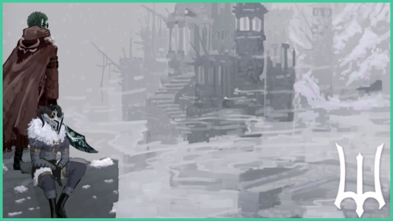 feature image for our deepwoken seafarer's chime guide, the image features promo art for the game of two characters overlooking stone ruins of a building that is now covered in snow and debris, one character is sitting on a snowy ledge, while the other is standing up overlooking the view and mist