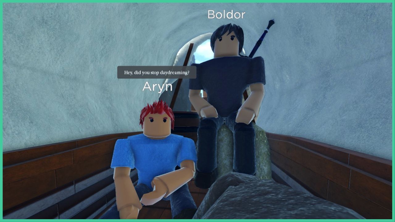 feature image for our dystovia map guide, the image features a screenshot from the start of the game as the player wakes up inside of a horse drawn wagon, there are two characters in the wagon with you called boldor and aryn, aryn is saying "hey did you stop daydreaming?"